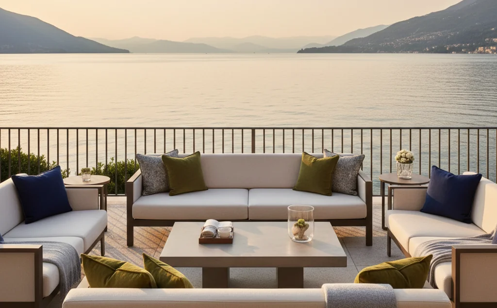 Terrazza vista lago di una struttura ricettiva arredata con tessili Benaco Contract